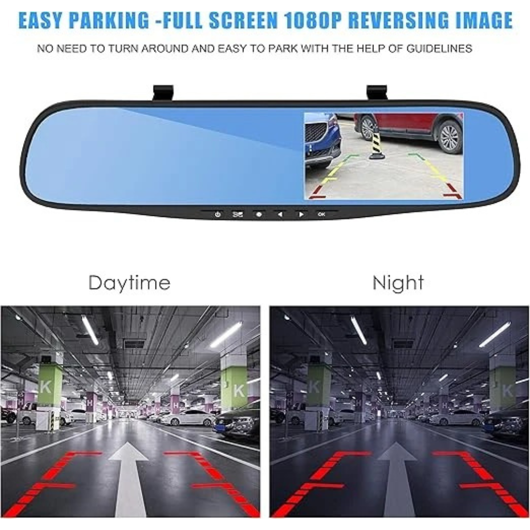 Car rearview mirror with built-in camera showing daytime and night vision capabilities.